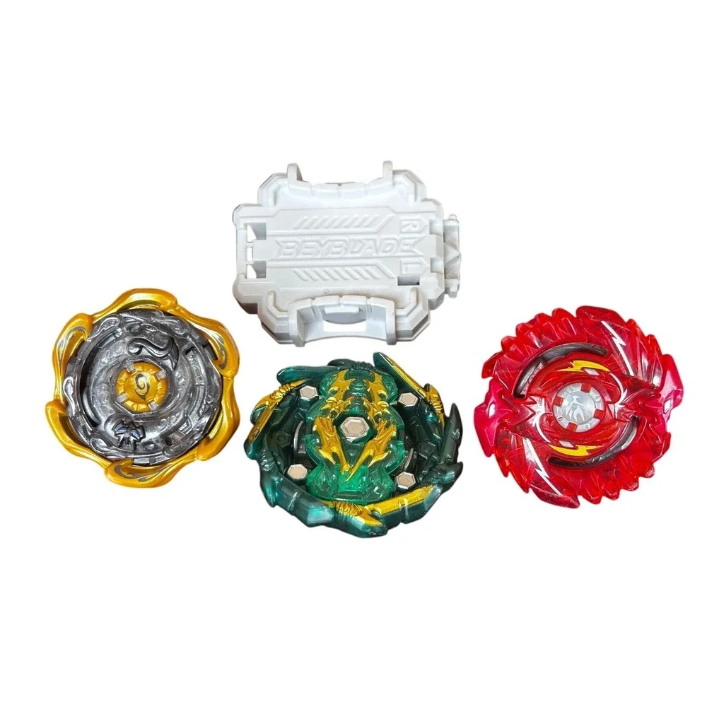 Beyblade Burst Lot of 3 Tops and 1 White‎ Launcher Red Green Gold Battle Set